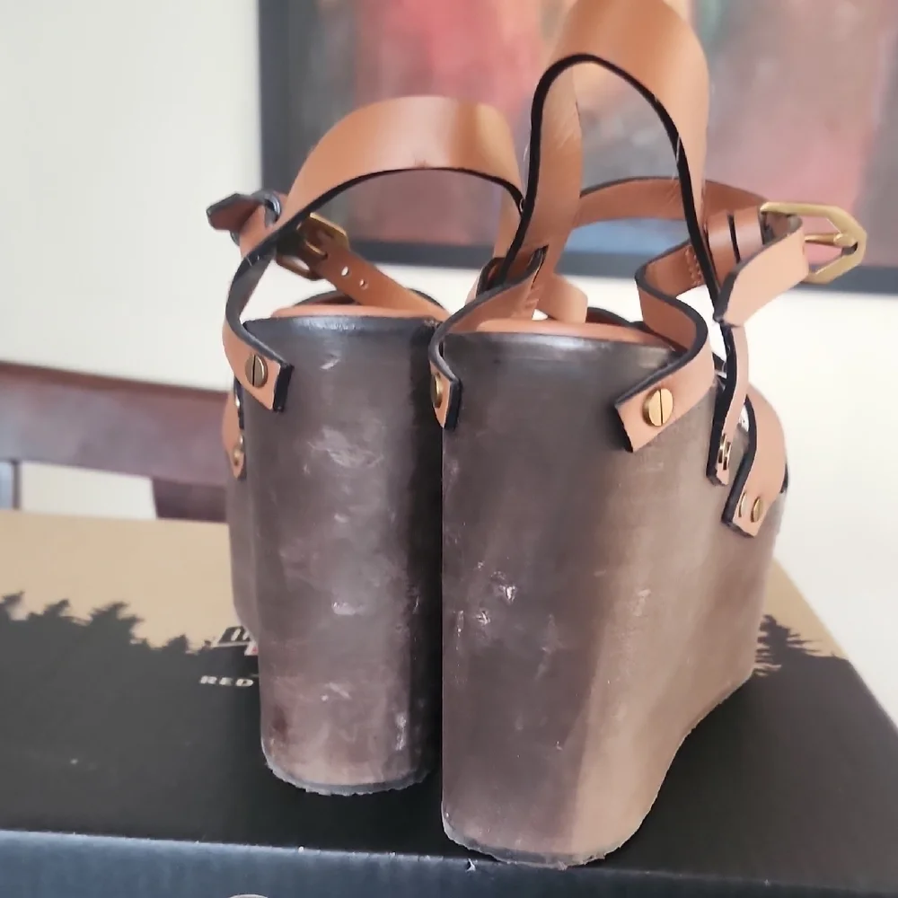 FRAME Denim Brown Leather Platform Sandals | 70s Boho Wedge | Size 40.5